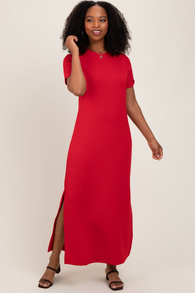 Red Basic Side Slit Short Sleeve Midi Dress