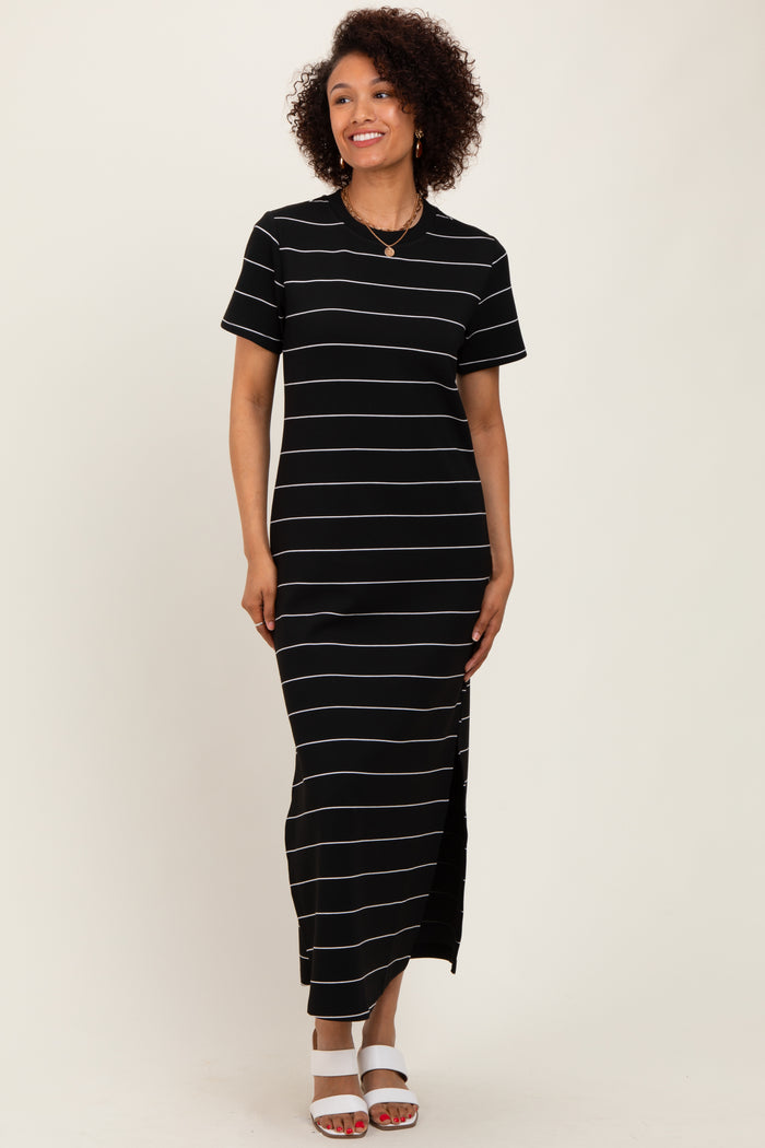Black Striped Short Sleeve Side Slit Midi Dress