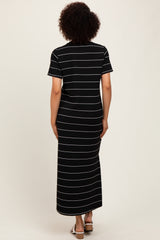 Black Striped Short Sleeve Side Slit Midi Dress