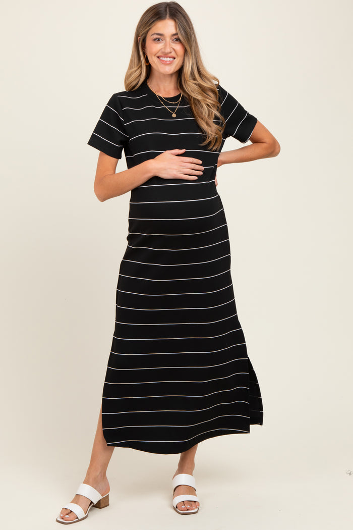 Black Striped Short Sleeve Side Slit Maternity Midi Dress