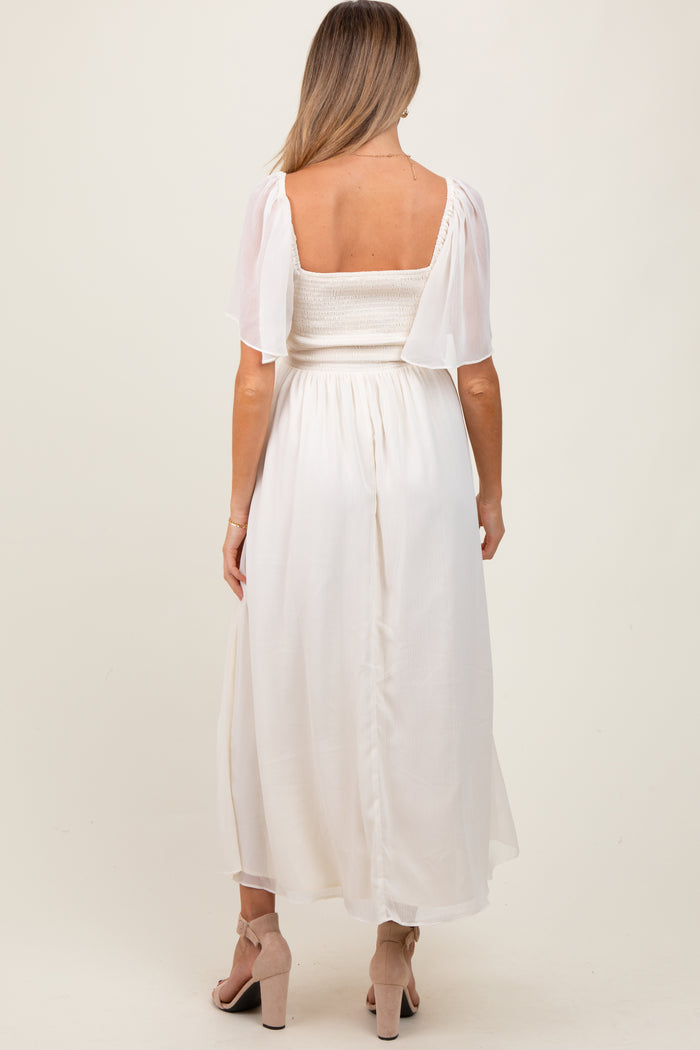 Cream Floral Applique Flutter Sleeved Maternity Midi Dress