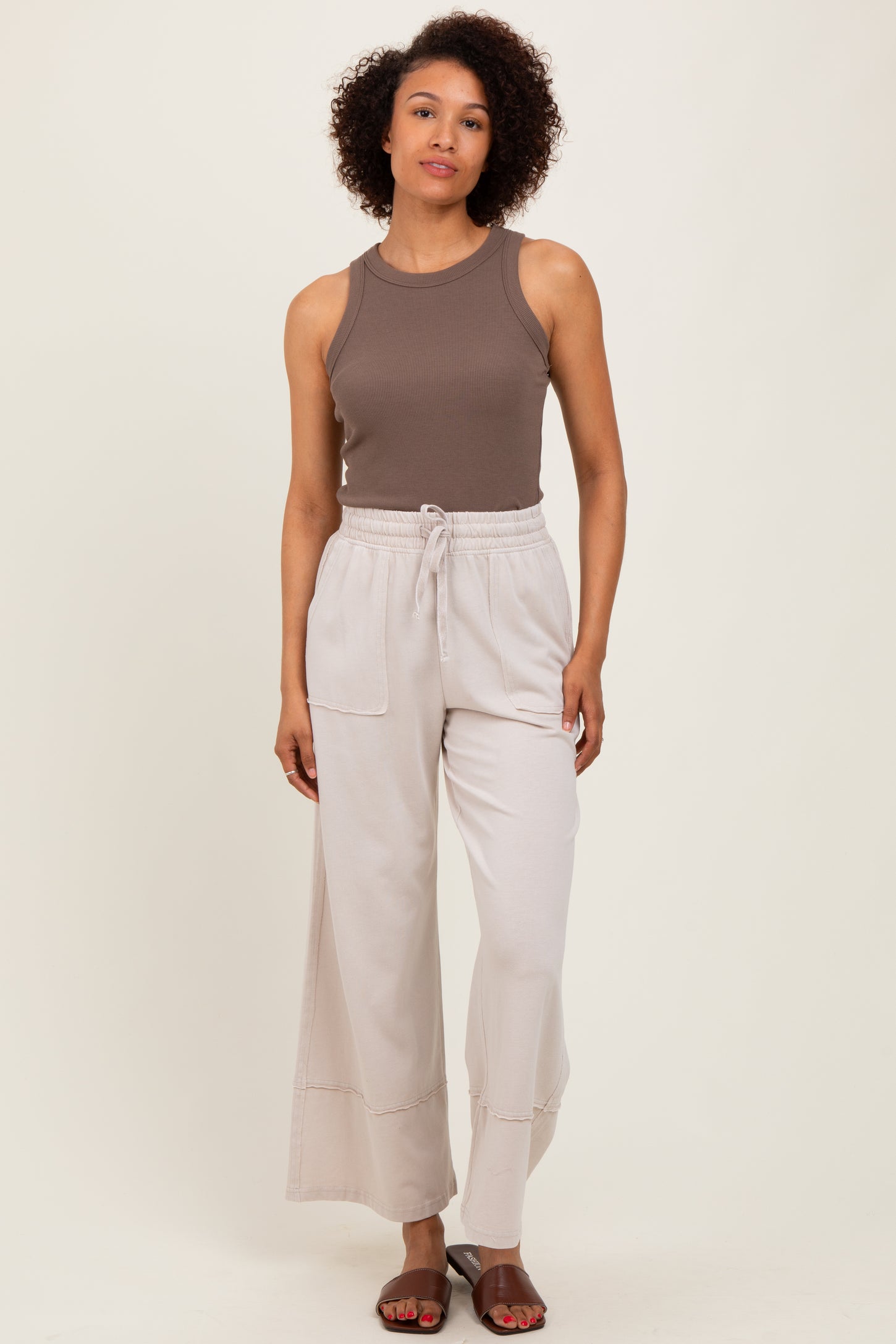 Cream Mineral Wash Wide Leg Ankle Pants