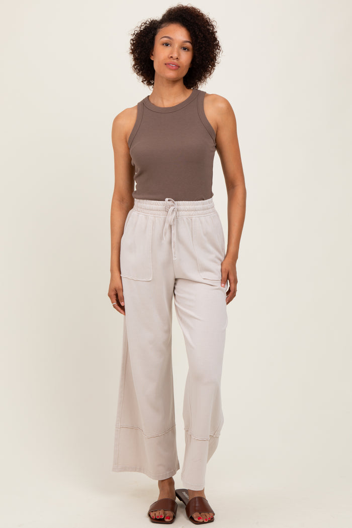 Cream Mineral Wash Wide Leg Ankle Pants