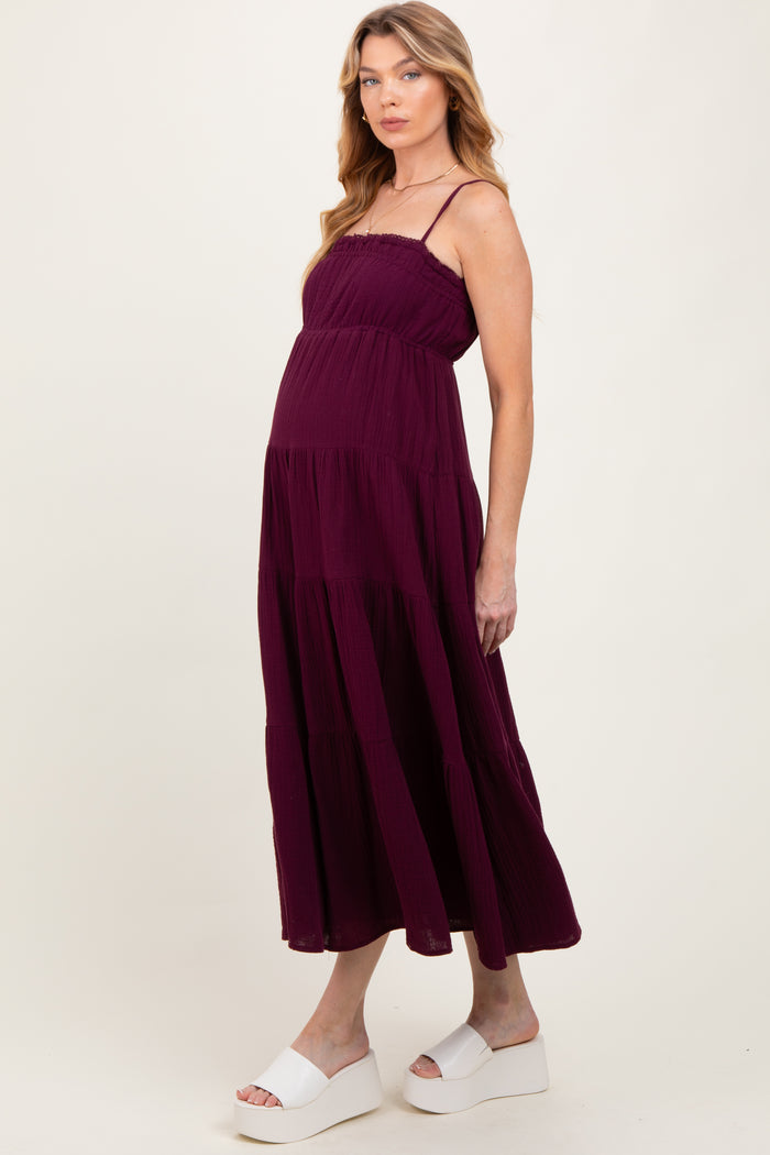 Plum Crochet Trim Tiered Maternity Maxi Dress