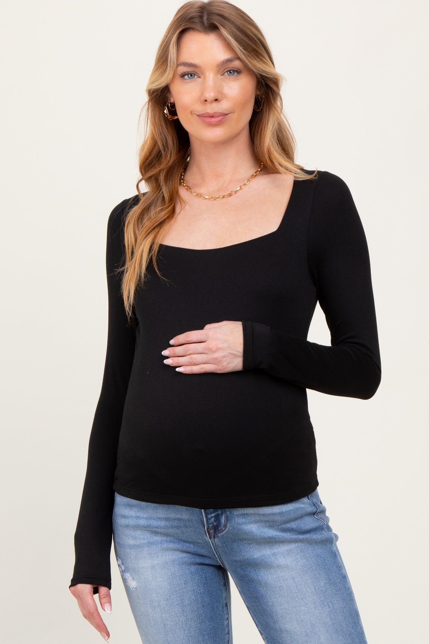 Black Square Neck Long Sleeve Maternity Top