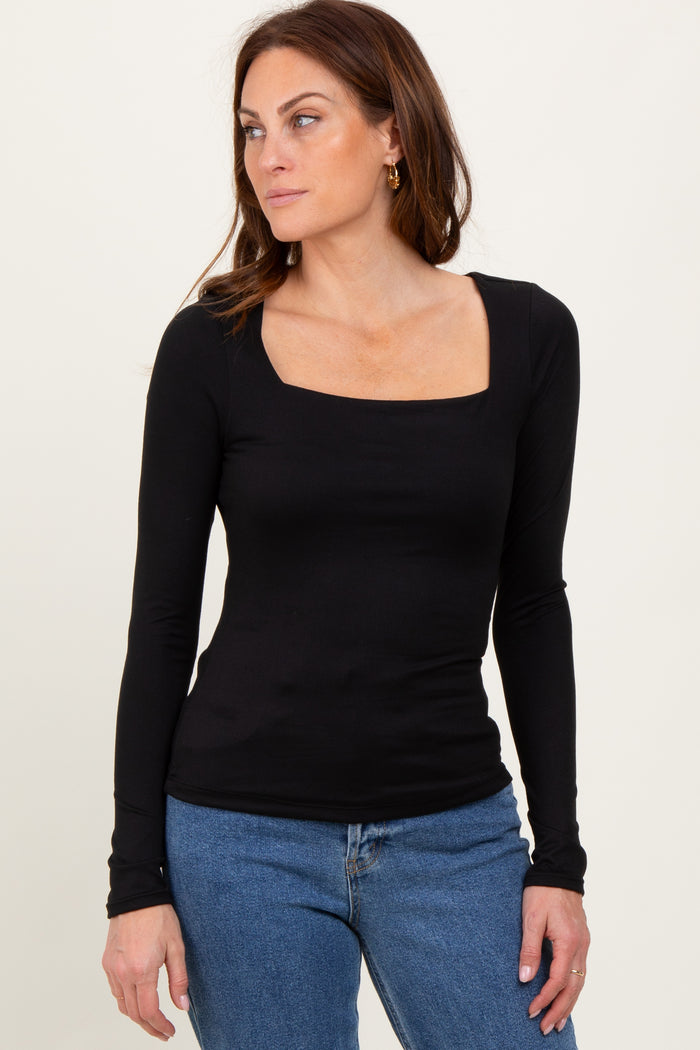 Black Square Neck Long Sleeve Maternity Top