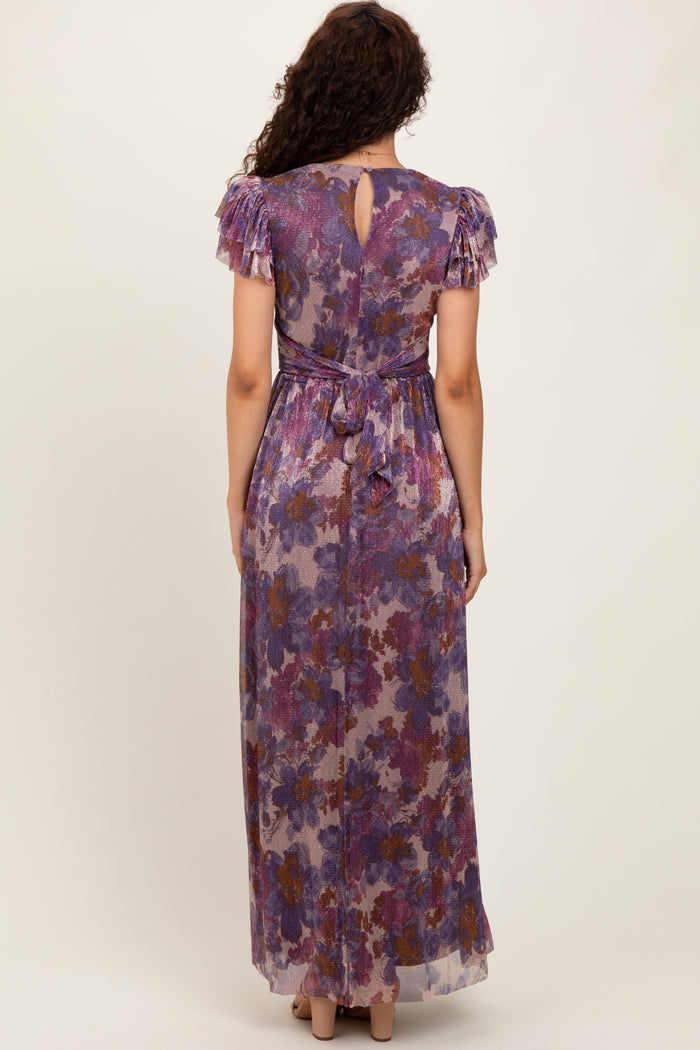 Violet Floral Metallic Flutter Sleeve Maxi Dress
