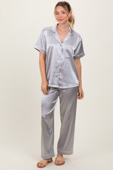 Silver Satin Contrast Trim Maternity Pajama Set