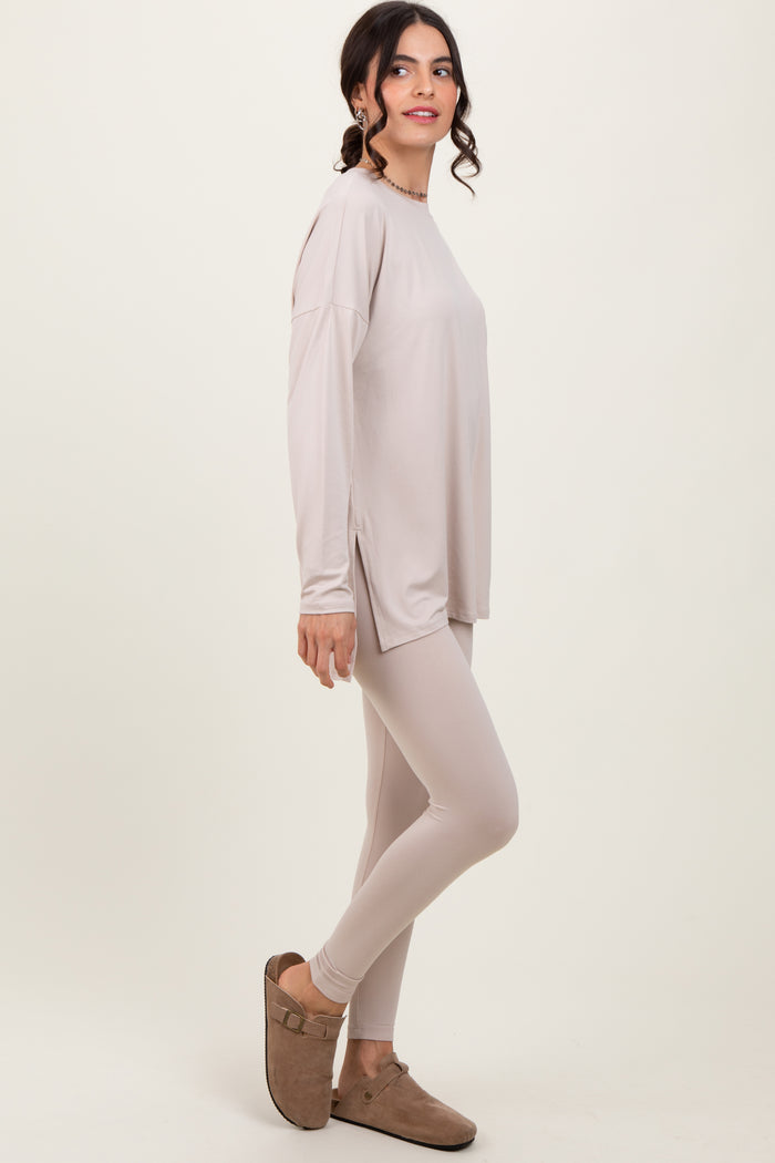 Beige Brushed Knit Oversized Top and Legging Set