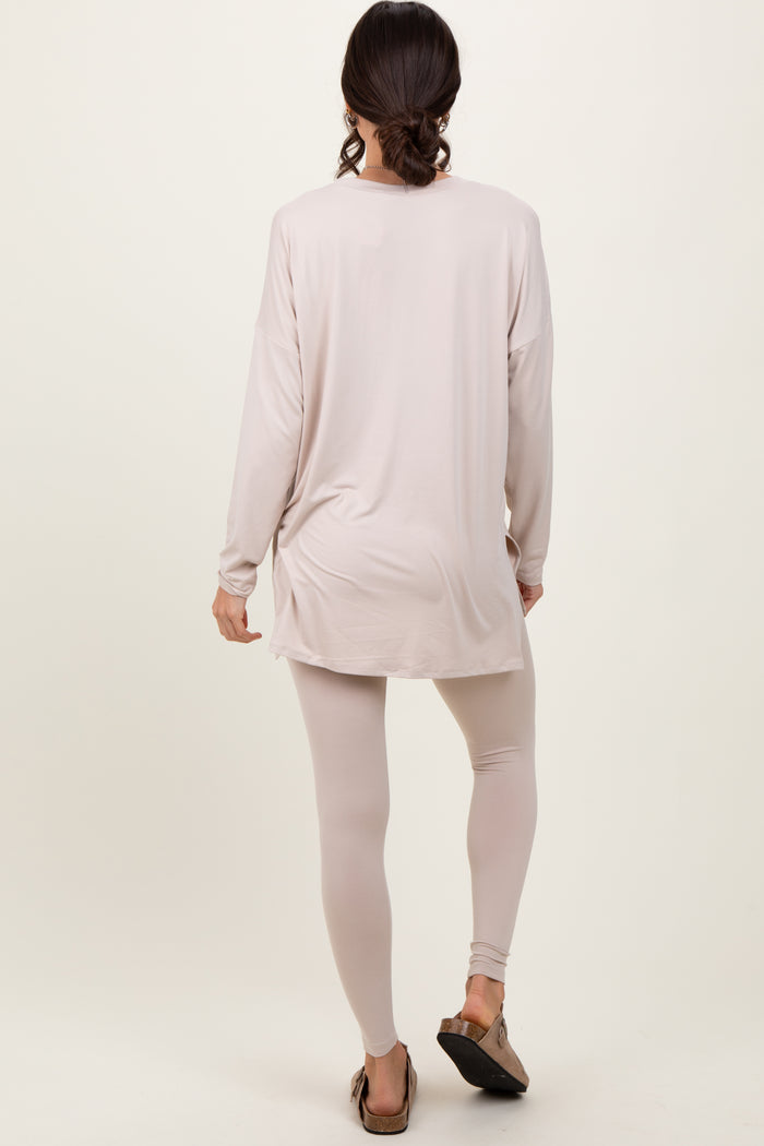 Beige Brushed Knit Oversized Top and Legging Set