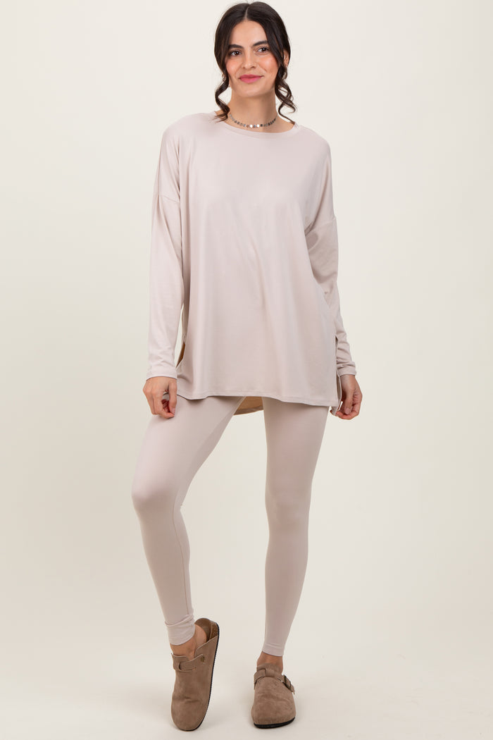 Beige Brushed Knit Maternity Oversized Top and Legging Set