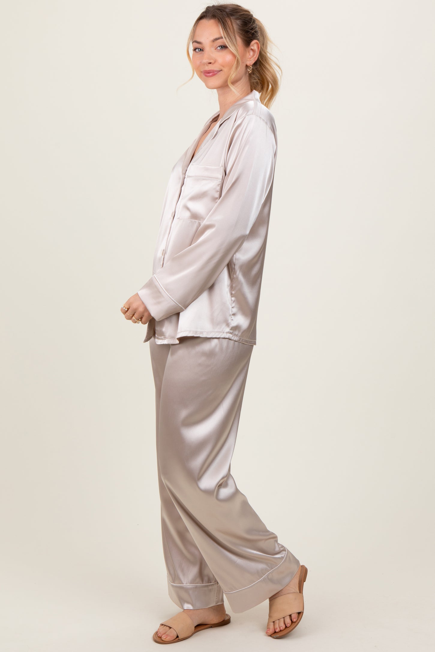 Cream Satin Contrast Trim Long Sleeve Pajama Set