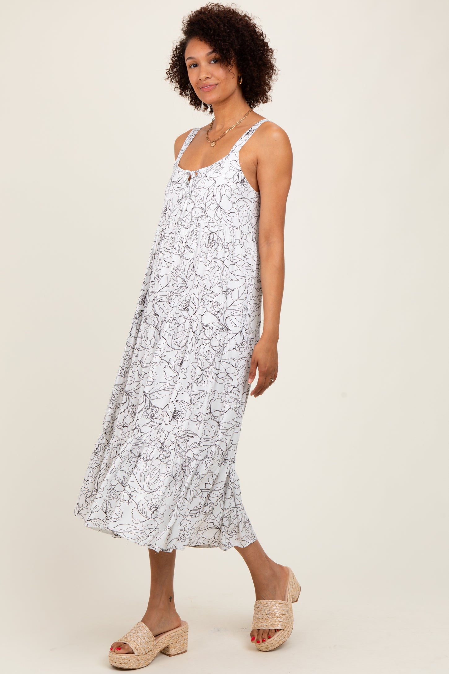 White Floral Outline Print Sleeveless Midi Dress