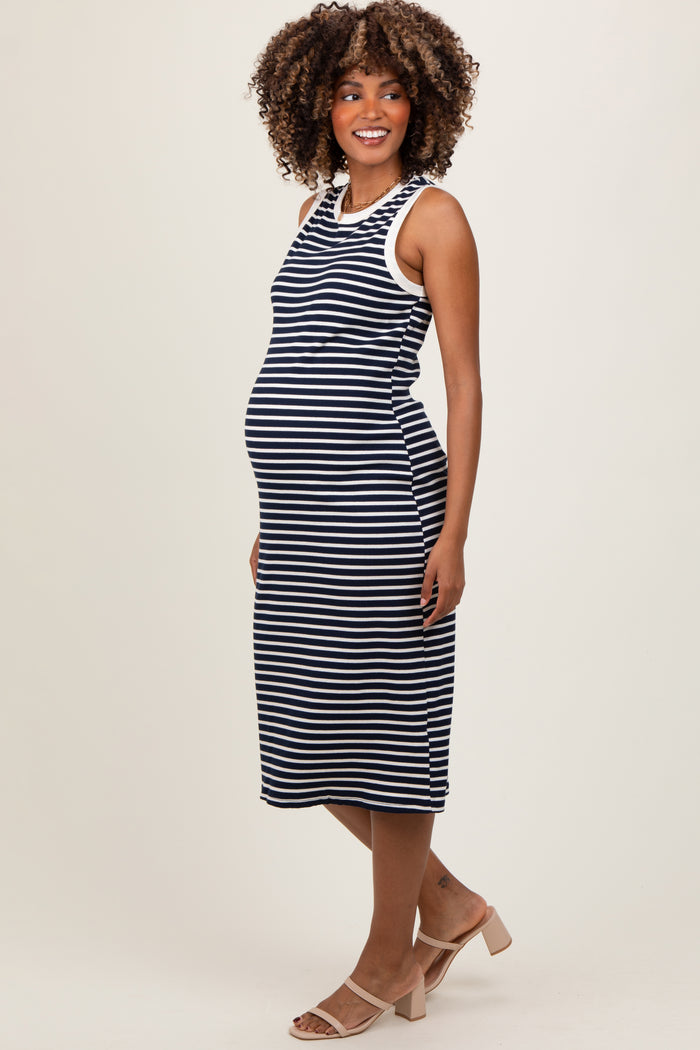 Navy Striped Ribbed Knit Sleeveless Maternity Midi Dress