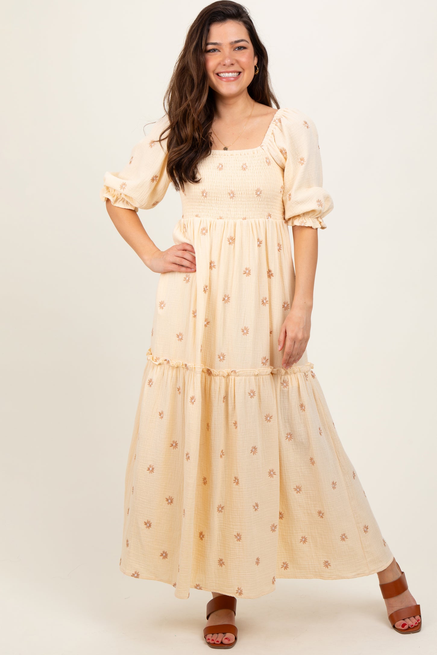 Cream Floral Smocked Puff Sleeve Maxi Dress