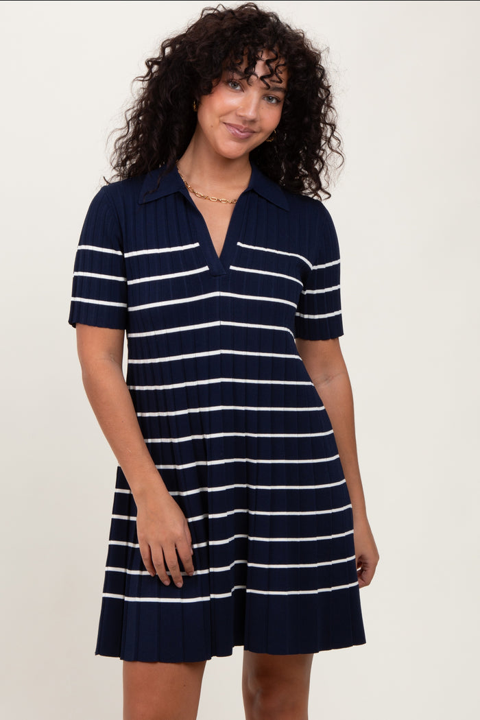 Navy Striped Knit Collared Pleated Dress