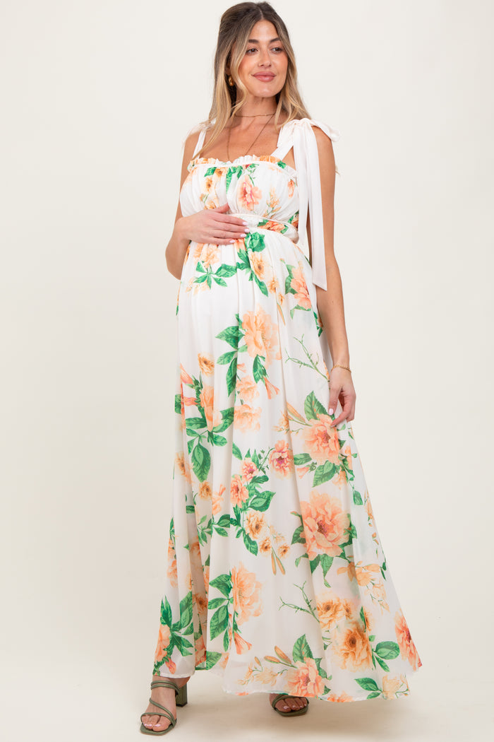 Peach Tropical Floral Shoulder Tie Maternity Maxi Dress