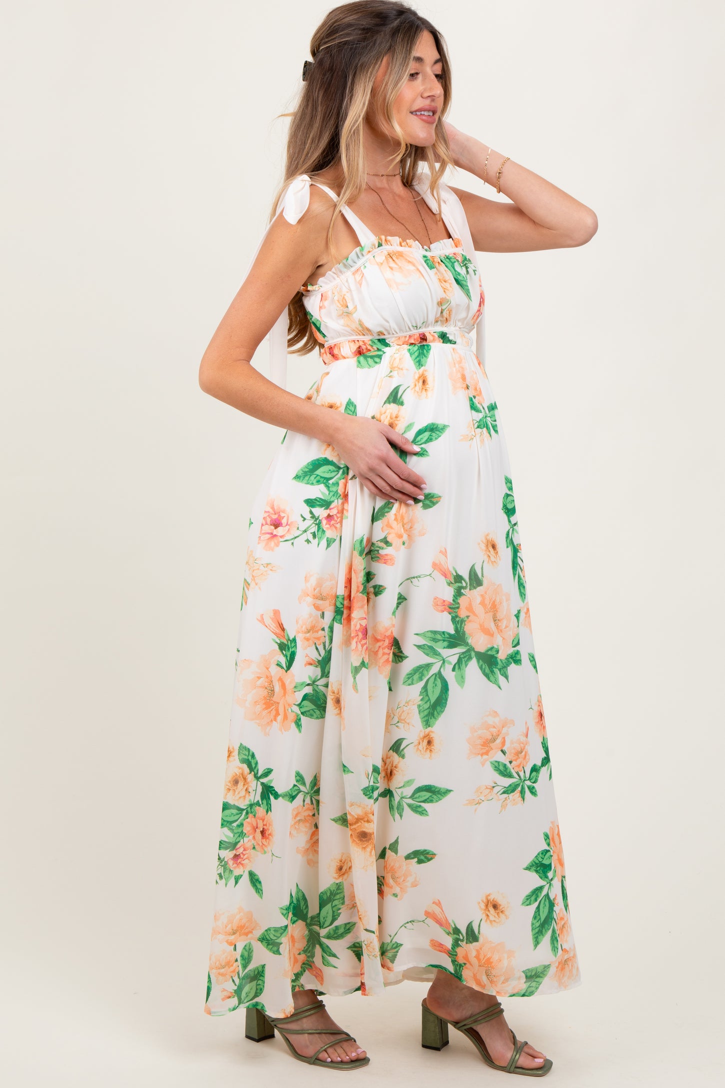 Peach Tropical Floral Shoulder Tie Maternity Maxi Dress