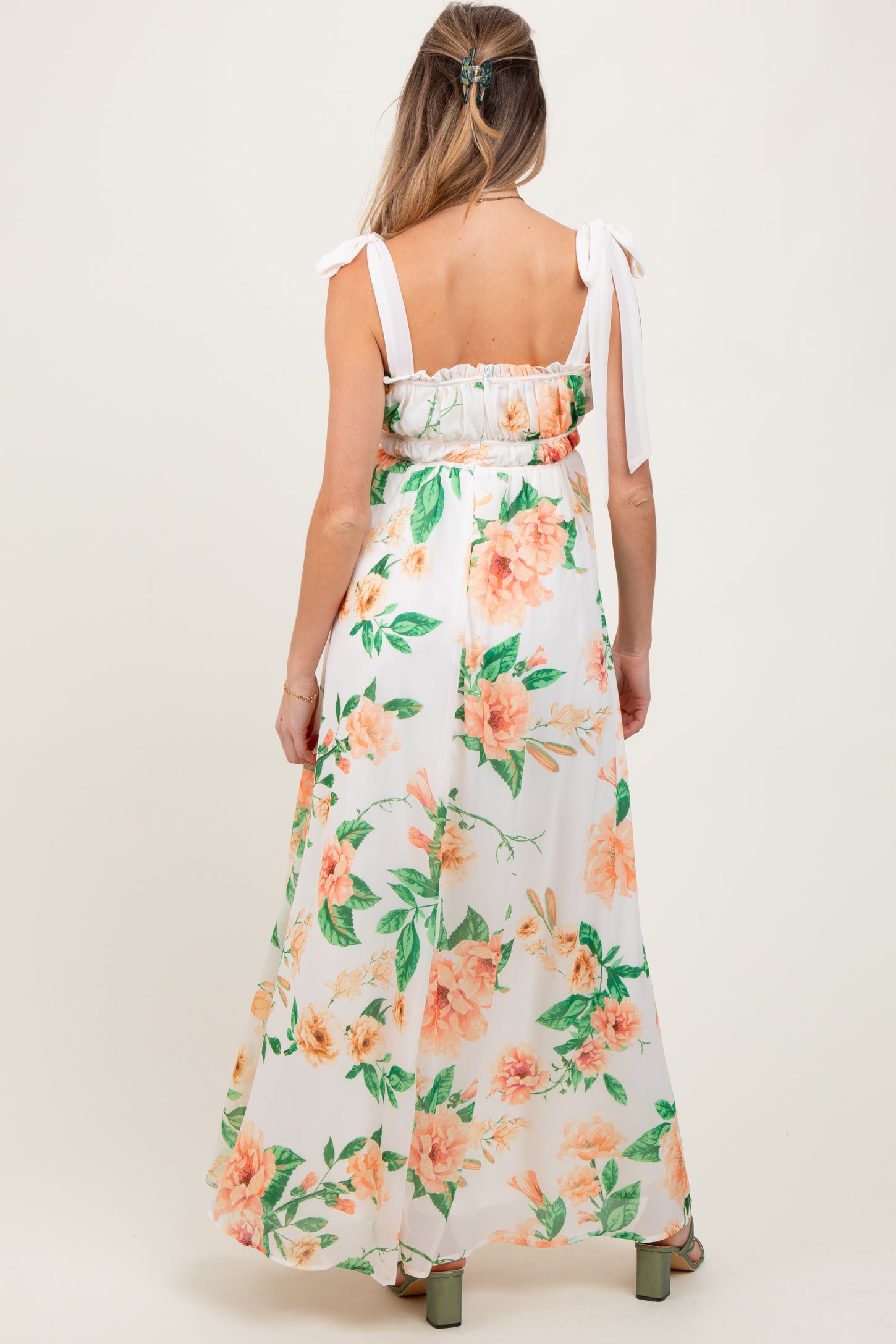 Peach Tropical Floral Shoulder Tie Maternity Maxi Dress