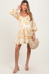 Yellow Floral Smocked Bubble Sleeve Tiered Maternity Dress