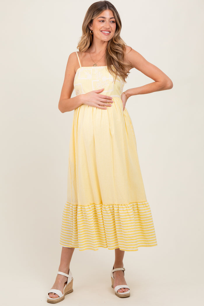 Yellow Embroidered Striped Colorblock Maternity Midi Dress