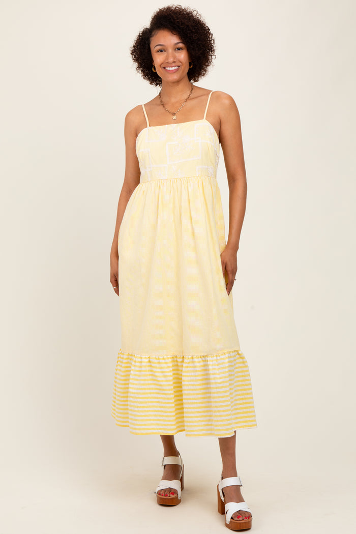 Yellow Embroidered Striped Colorblock Maternity Midi Dress