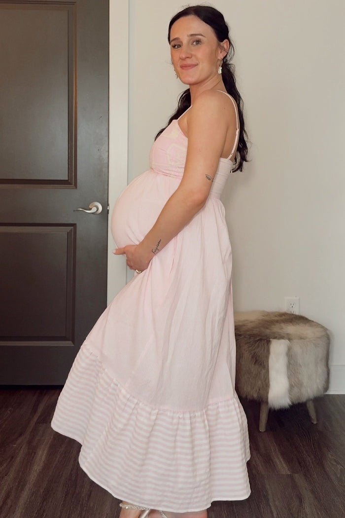 Light Pink Embroidered Striped Colorblock Maternity Midi Dress