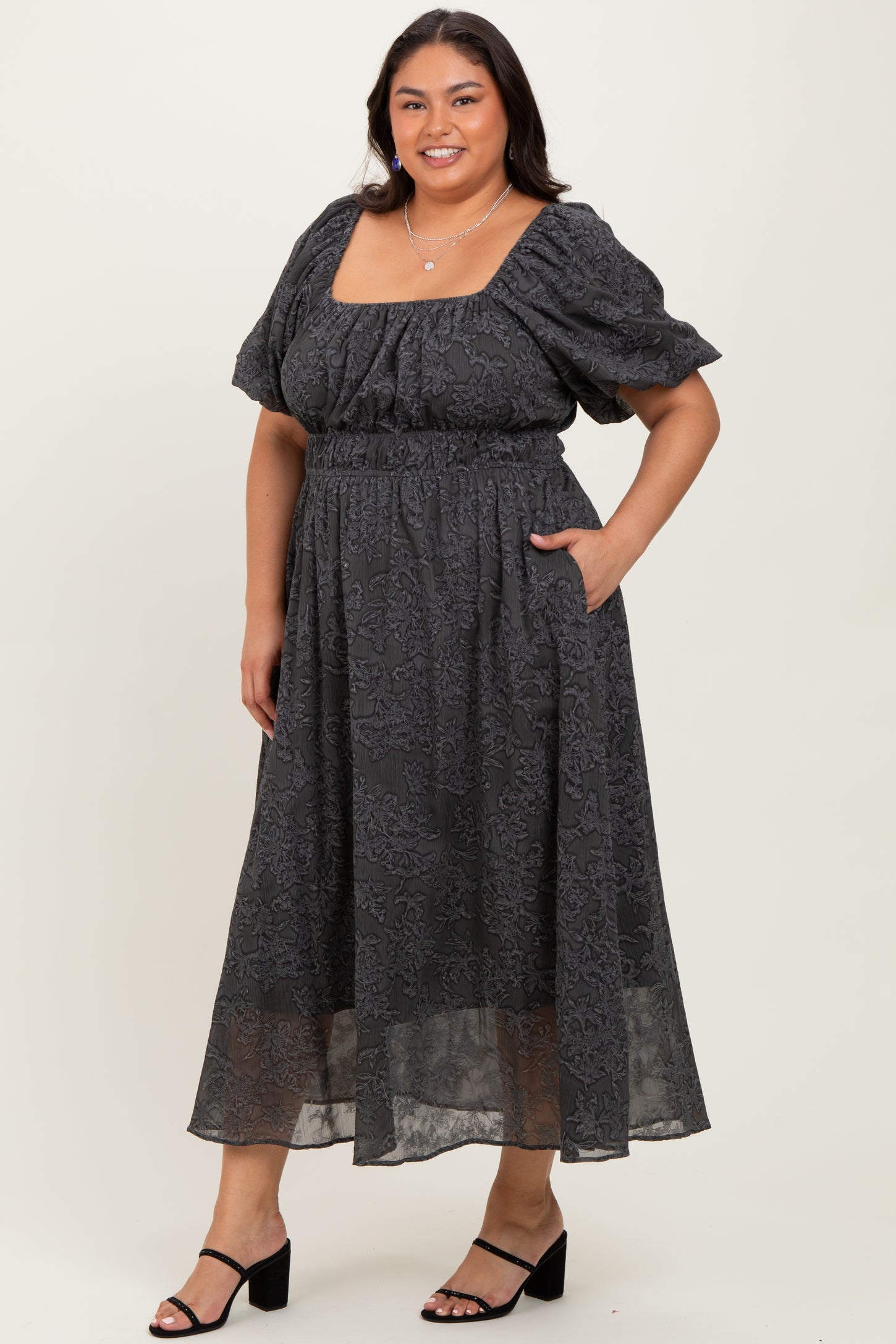 Charcoal Floral Square Neck Bubble Sleeve Plus Midi Dress