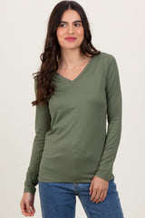 Olive Brushed Knit V-Neck Long Sleeve Top