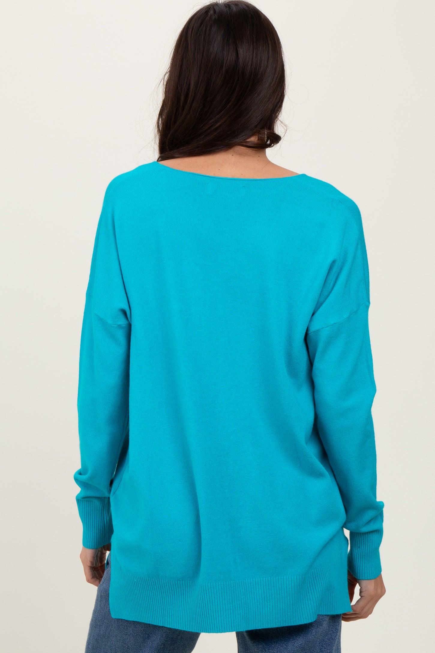 Jade Front Seam V-Neck Side Slit Sweater