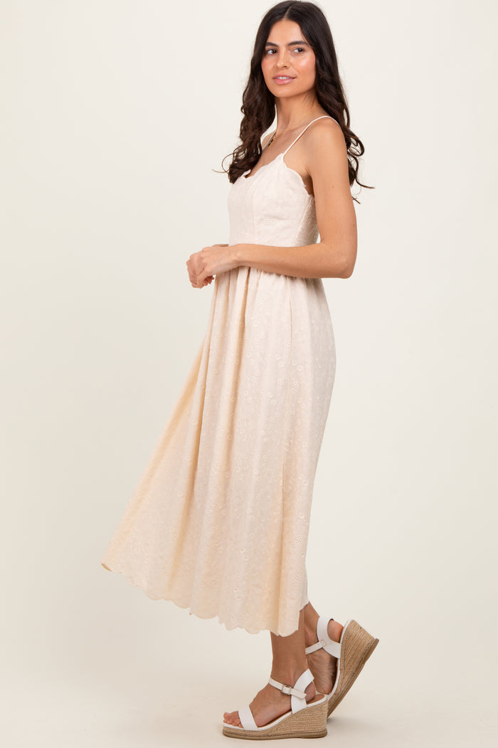 Cream Floral Embroidered Scallop Detail Midi Dress