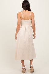 Cream Floral Embroidered Scallop Detail Midi Dress
