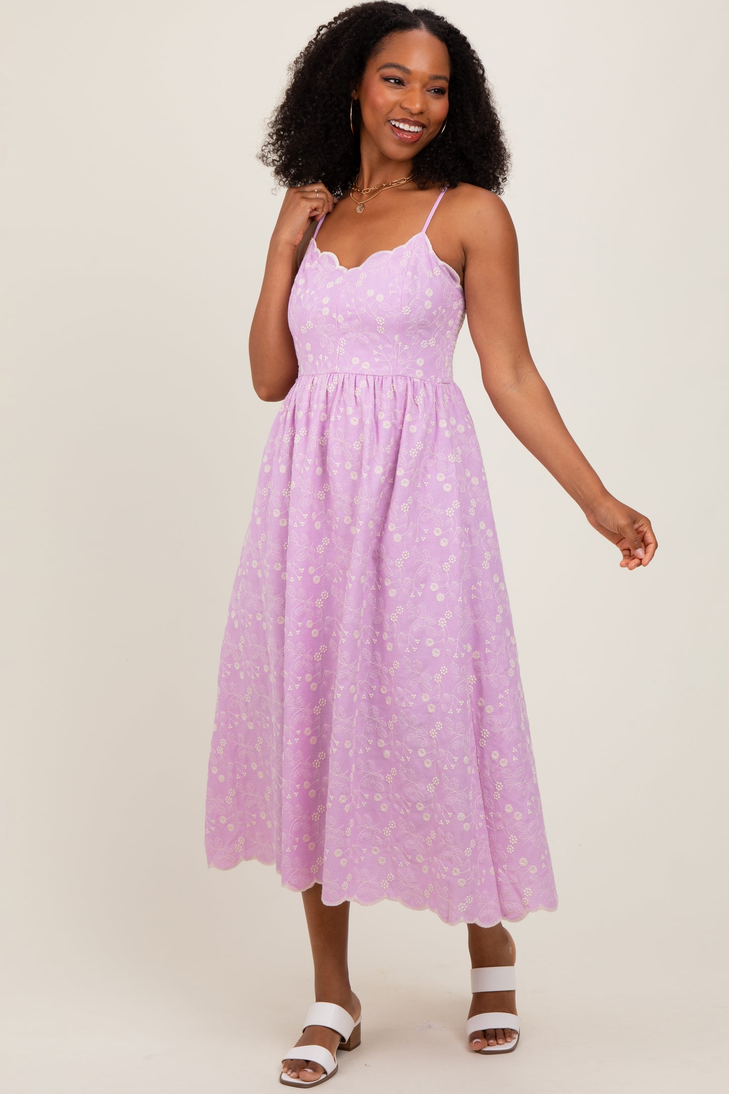 Lavender Floral Embroidered Scallop Detail Maternity Midi Dress