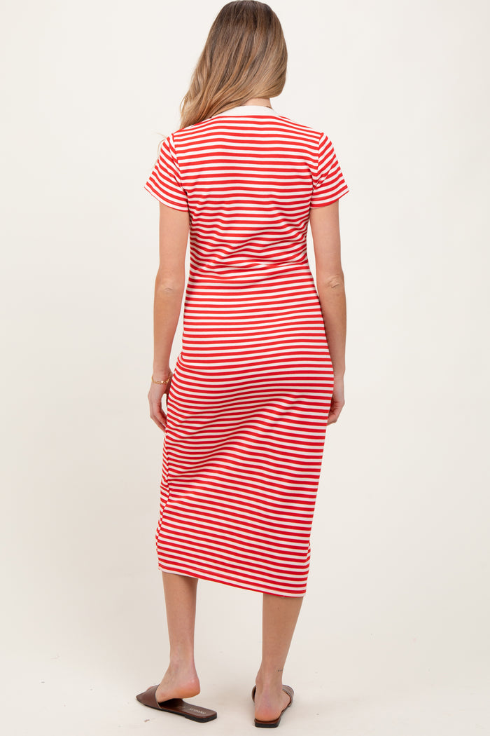 Red Striped Button Down Maternity Midi Dress