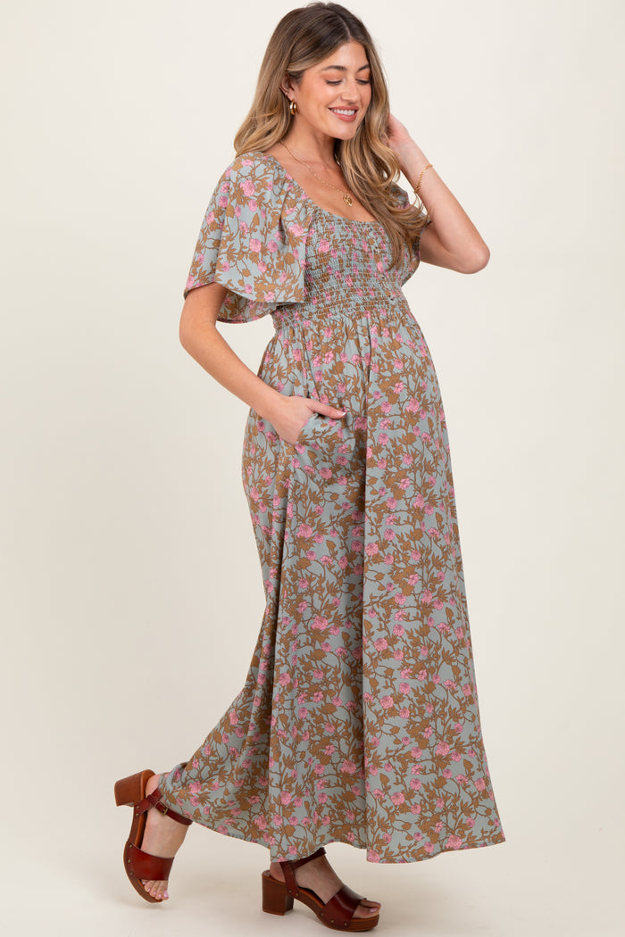 Blue Floral Smocked Flutter Sleeve Maternity Maxi Dress
