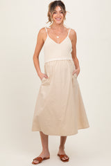 Cream Contrast Knit Bodice Maternity Midi Dress