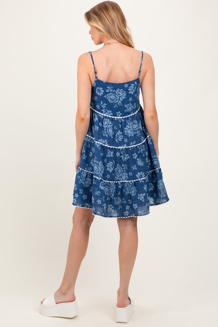 Navy Blue Floral Tiered Maternity Mini Dress