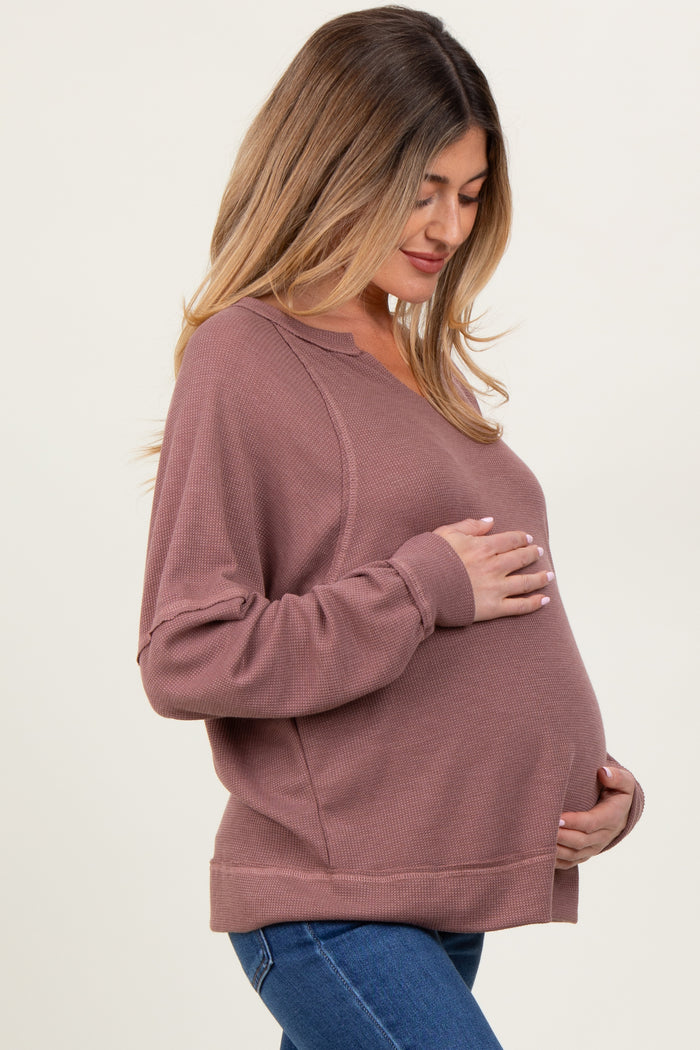 Mocha Oversized V-Neck Waffle Knit Maternity Long Sleeve Top