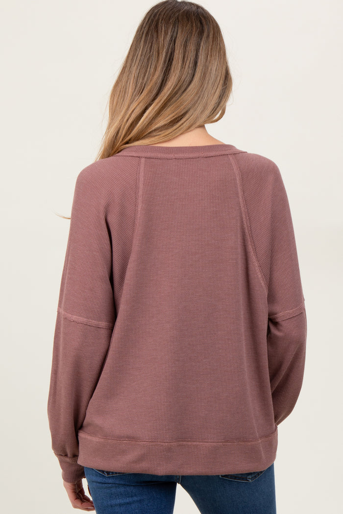 Mocha Oversized V-Neck Waffle Knit Maternity Long Sleeve Top