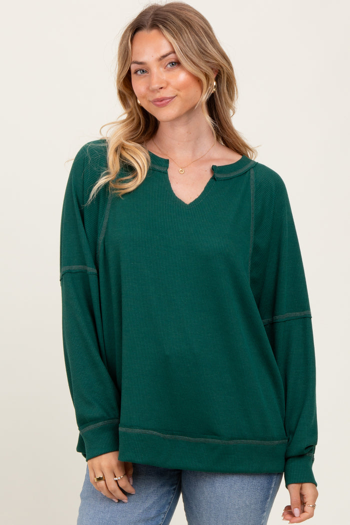 Forest Green Oversized V-Neck Waffle Knit Maternity Long Sleeve Top