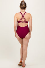 Burgundy Ruched Side Strappy Cross Back Maternity One Piece Swimsuit