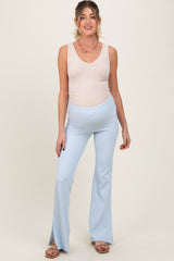 Light Blue Ribbed Split Flare Maternity Leggings
