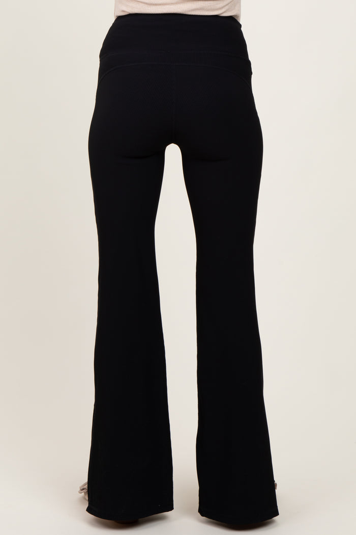 Black Ribbed Split Flare Maternity Leggings
