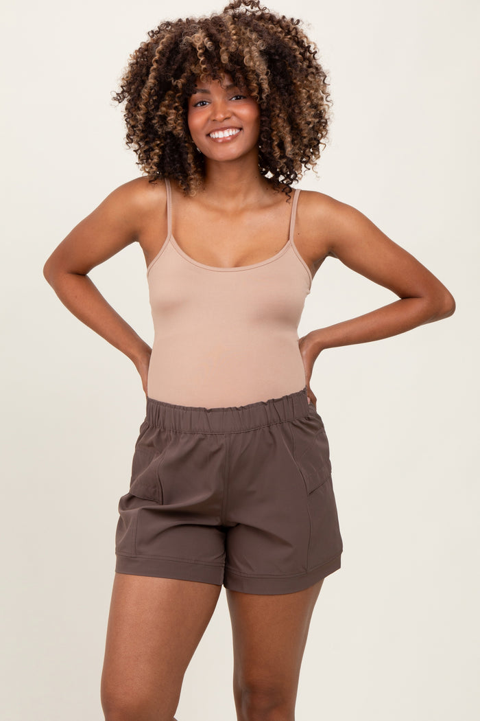 Brown Elastic Cargo Maternity Shorts