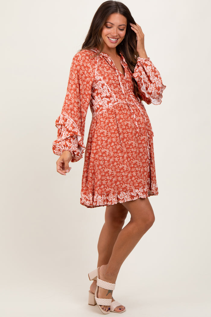 Rust Mixed Floral Tie Front Ruffle Accent Maternity Dress