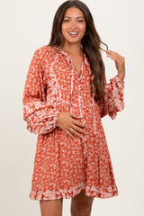 Rust Mixed Floral Tie Front Ruffle Accent Maternity Dress