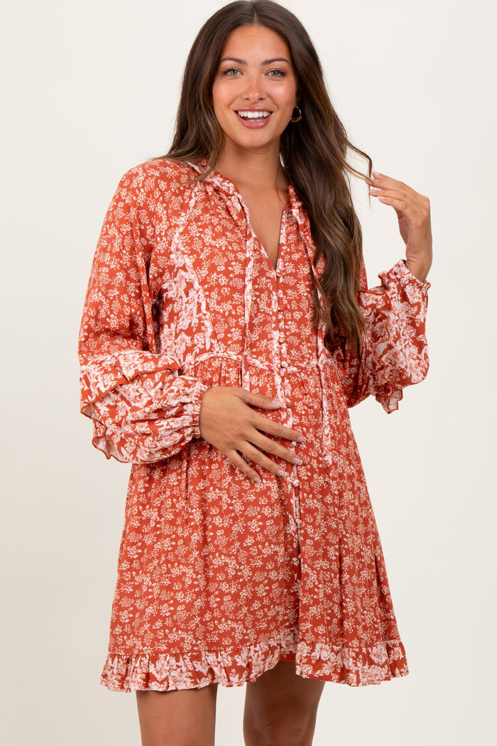 Rust Mixed Floral Tie Front Ruffle Accent Maternity Dress