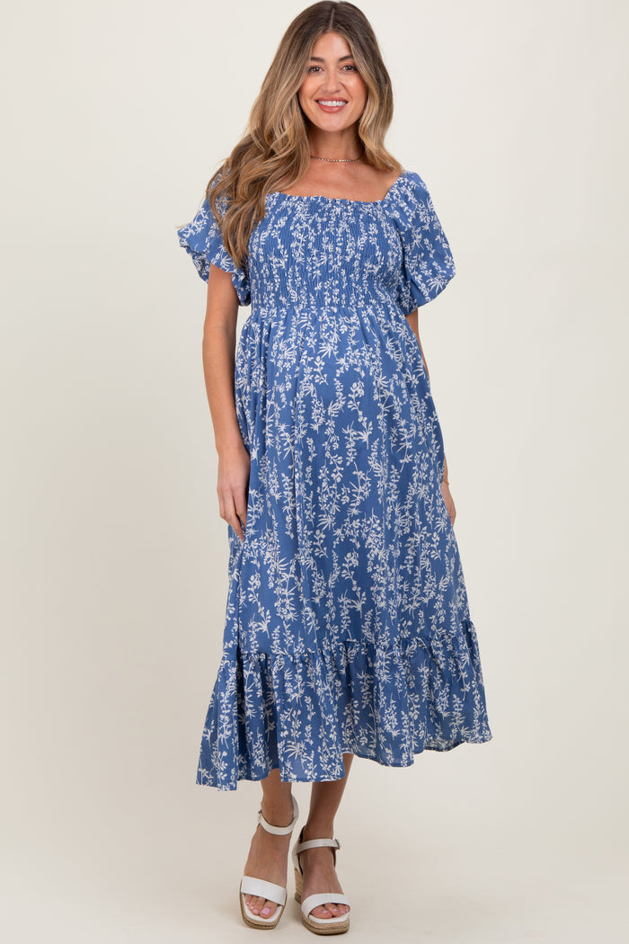 Blue Leaf Print Smocked Maternity Midi Dress