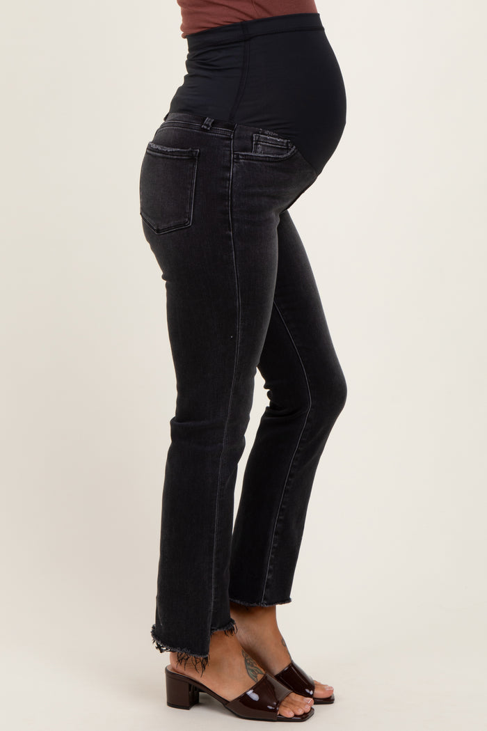 Black Washed Raw Hem Crop Flare Maternity Jeans