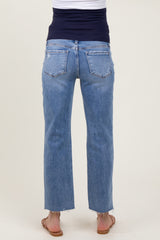 maternity wear light blue cropped jeans with a distressed hem and stretchy waistband, shown from the back